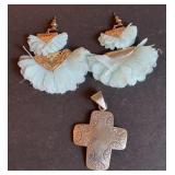 Feather Fan Earrings & Cross Pendant