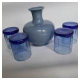 7in Blue Vase and (4) Blue Glasses 7in Blue Vase and (4) Blue Glasses