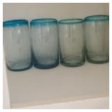 (4) Blue Rimmed Hand Blown Glass Cups (4) Blue Rimmed Hand Blown Glass Cups