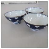 (3) Blue with White Flower Bowls (3) Blue with White Flower Bowls