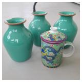 (3) Green Vases & Lidded Mug (3) Green Vases & Lidded Mug