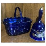Vintage Royal Blue Glass Basket & Japan Bell
