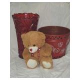 Valentines Bear, Red Plastic Vase, Red Metal Pale