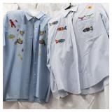 2 hand embroidered Mardi Gras blue shirts, both