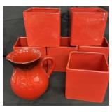 (6) Red Vases & Decorative Pitcher