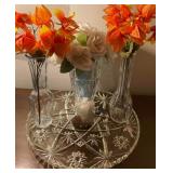 Glass Serving Plater W/ Vases & Flowers
