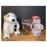 Coca Cola Plush Bear, Bean Bag Seal and Glass