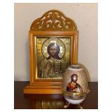 Christ Wooden Plaque and Ceramic Egg