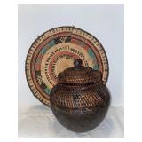 Wood/Woven Lidded Basket and Woven Basket 13 In.