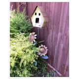 Metal Stand Bird House w Metal Flowers