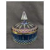 Carnival Glass Covered Candy Dish, Blue