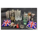 Souvenirs,Shot Glasses & (3) Liquor Flasks