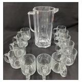 Plastic Pitcher (11in) &  (12) Glass Mugs (3.5in)