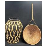 16" Wicker Vase + Wicker Handled Something
