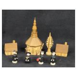 Miniature Hand Carved Wood Church & 2 Houses + 4