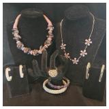 Purple Glass Beaded Necklace and Rhinestone