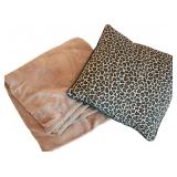 Large Lepord Print Pillow and Brown Plush Blanket