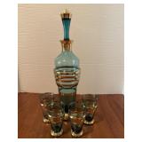 Art Deco Green Glass Liqueur Decanter w/ Glasses