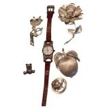 Silver Broaches and Watch