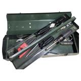 Assorted Tools in Classic Green Metal Toolbox