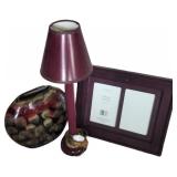 Maroon Lamp, Vase, and Wood Frame
