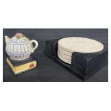 Teapot Figurine + Coasters (4) + Dark Walnut