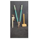 Pipe Wrench, Pruners,Mallet, Square