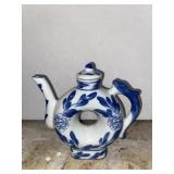 7 in. Blue and White Donut Shaped teapot Pitcher