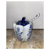 Blue & White Ceramic Bell Pepper Jar w/ Spoon