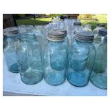 (9) Blue tint 1/2  gallon mason jars