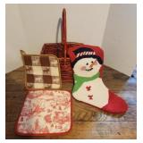 Red Basket w/X-Mas Pot Holders & Stocking