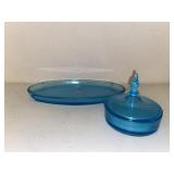 Vintage Blue Glass Powder Box and Vanity Tray