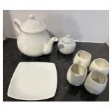 Teapot, Sugar Bowl, Plate, (4) Saki Cups