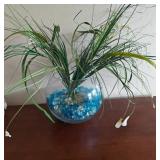 Flower Arrangment w/ Fishbowl of Blue Glass Beads