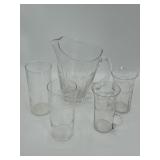 Vintage Etched Glass Pitcher With Glass Cups