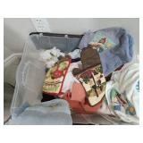 Plastic Bin of Kitchen Towels & Oven Mitts