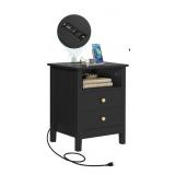 Nightstand with Charging Station Black Night Stand