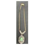 Vintage Green Stone W/ Rhinestone Necklace Estate