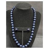 OP Blue Pearl Necklace & Earrings Set 925 Marking