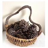 Witchy Twisted Handle Wicker Basket Of Pine Cones