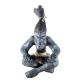 Tribal Statue Carved Wood Cross Legged W/ Hair