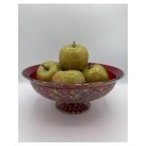 Red Mosaic Bowl Pedestal Vase With Fake Apples