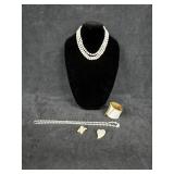 (1) 3 Strand Faux Pearl Necklace, (1) Glass