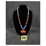 Red & Blue Glass Beaded Horse Necklace & Chinese