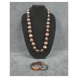Large Brown Beaded Necklace & (2) Bracelets