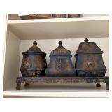 3 Decorative Lidded Boxes on Footed Tray