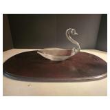 Glass Swan Dish on Wooden Platform