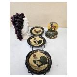 3 Rooster Plates w/Holder, Vintage Rooster Snow
