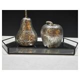 Glass Tray w/Silver Tone Pear & Apple