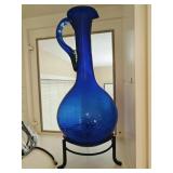 Blue Glass Pitcher on Stand 19"